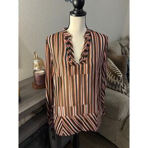 Cabi women's medium‎ sheer long sleeve top orange green gray black striped
